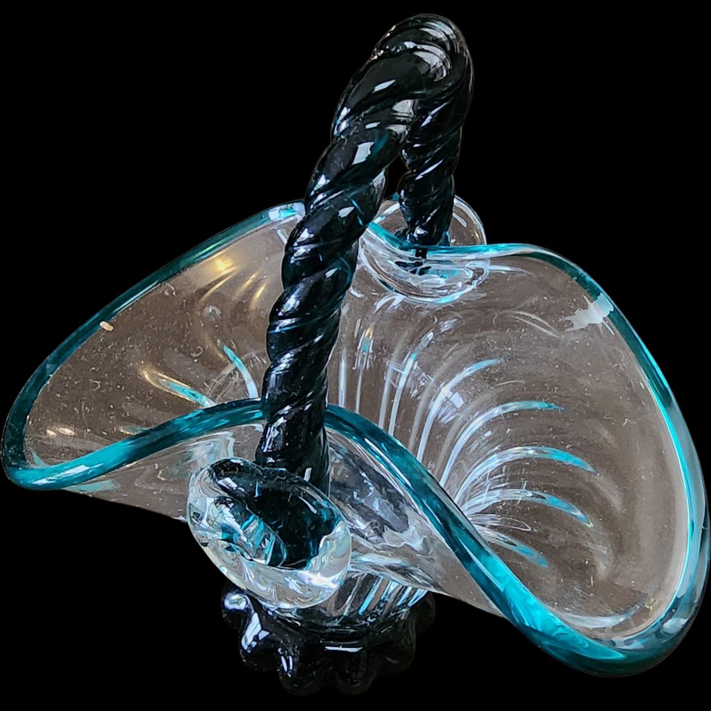 Vintage Hand Blown Glass Basket with Twisted Handle  Clear & Aqua Blue Rim with Dark Base  Murano Style Mid-Century Art Glass