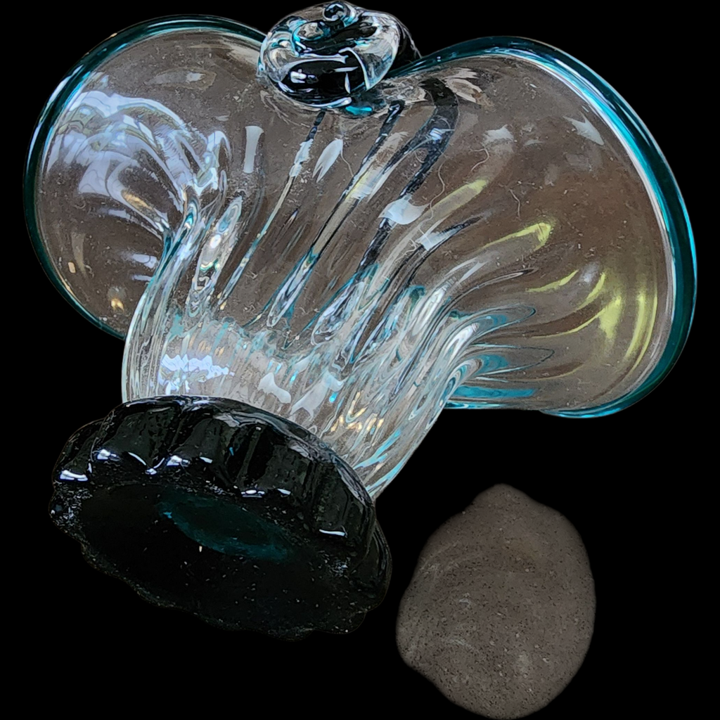 Vintage Hand Blown Glass Basket with Twisted Handle  Clear & Aqua Blue Rim with Dark Base  Murano Style Mid-Century Art Glass
