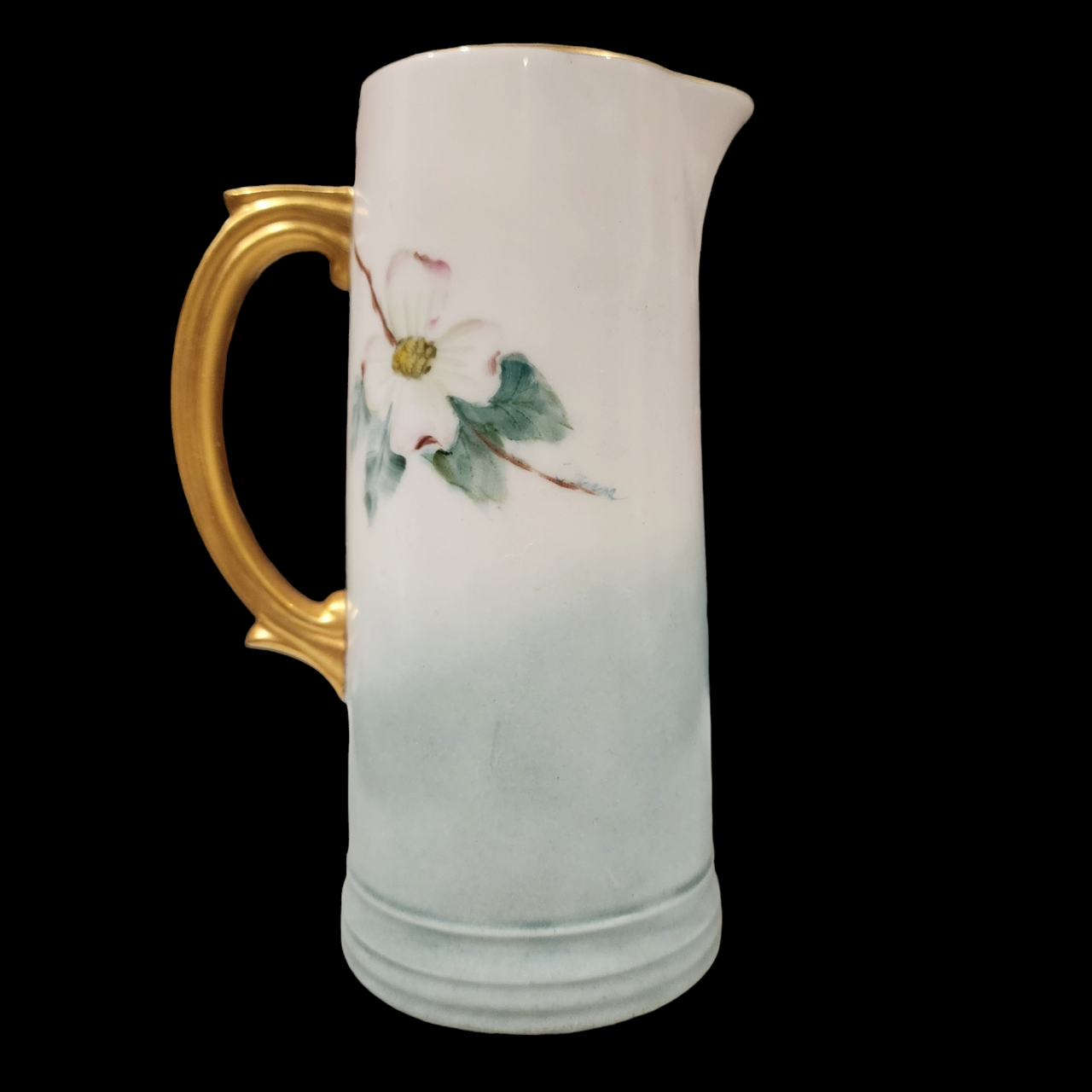 Vintage Hand Painted Floral Porcelain Pitcher Tankard Gilt Handle
