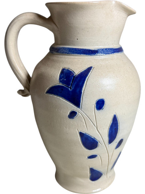 Vintage Handmade Stoneware Pottery Pitcher Cream Beige with Cobalt Blue Floral Design Rustic Farmhouse Jug Studio Pottery Vase