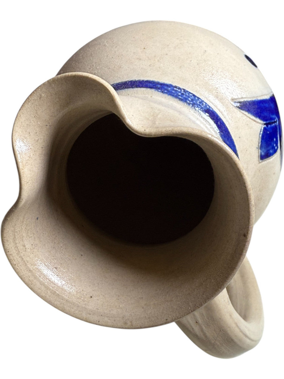 Vintage Handmade Stoneware Pottery Pitcher Cream Beige with Cobalt Blue Floral Design Rustic Farmhouse Jug Studio Pottery Vase