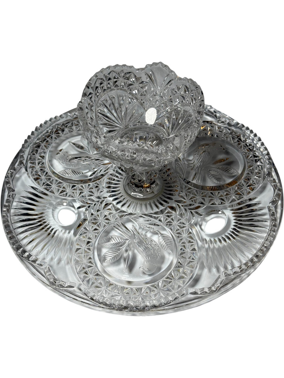Vintage Hofbauer Byrdes Collection 12 Crystal Pedestal Cake Stand Bird and Starburst Pattern, Made in Germany