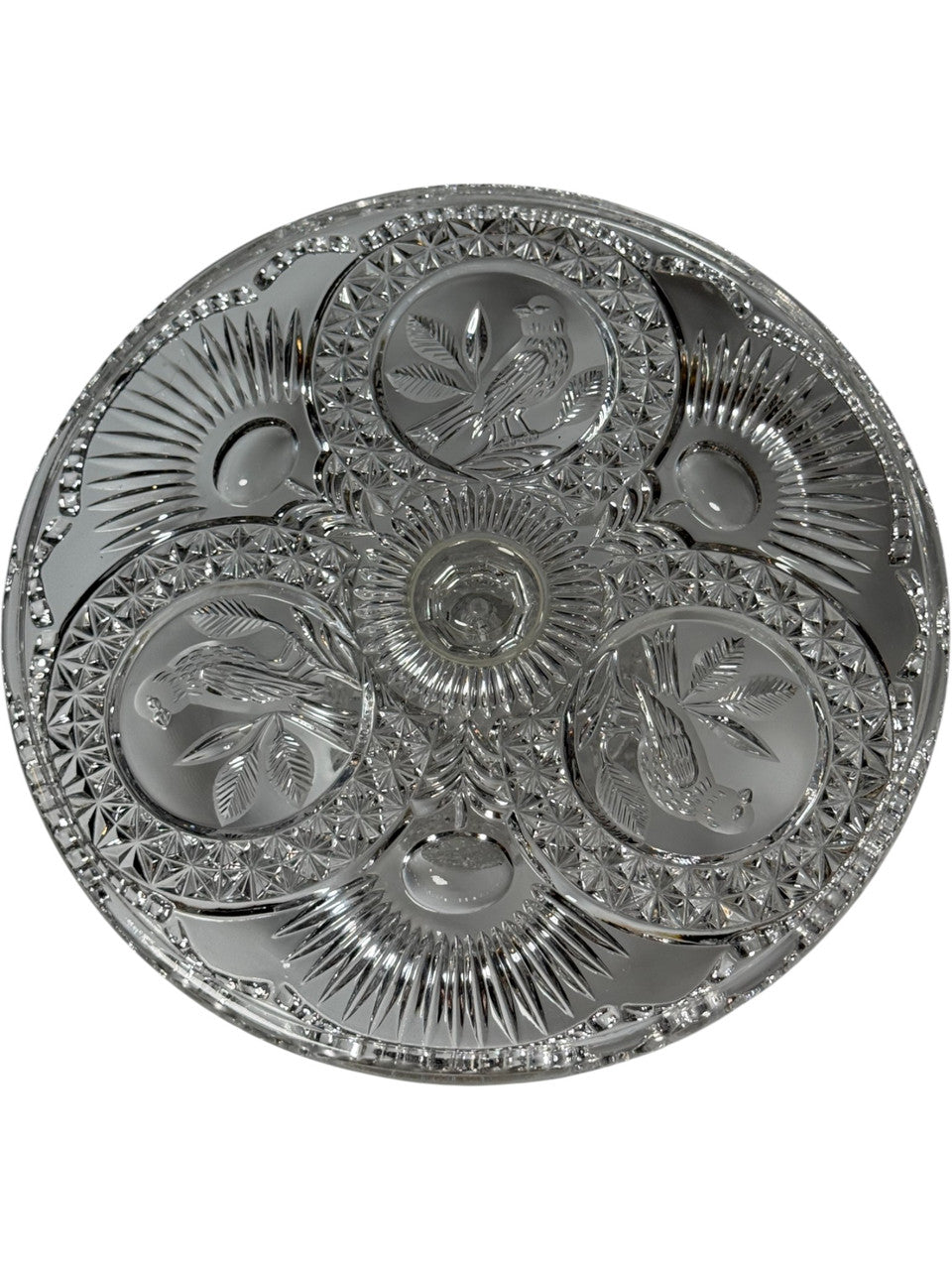 Vintage Hofbauer Byrdes Collection 12 Crystal Pedestal Cake Stand Bird and Starburst Pattern, Made in Germany