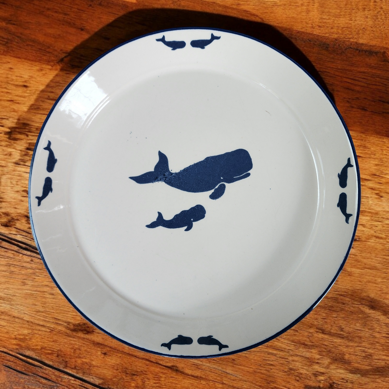 Vintage House of Marbles Nautical Whale Plate Blue & White Ceramic Dinnerware  Devon England