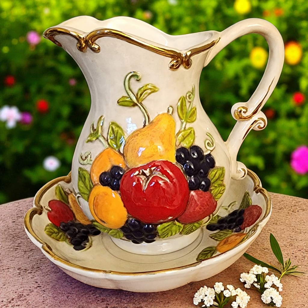 Vintage Majolica Pitcher & Bowl Wash Set Hand Painted Fruit & Gold Trim