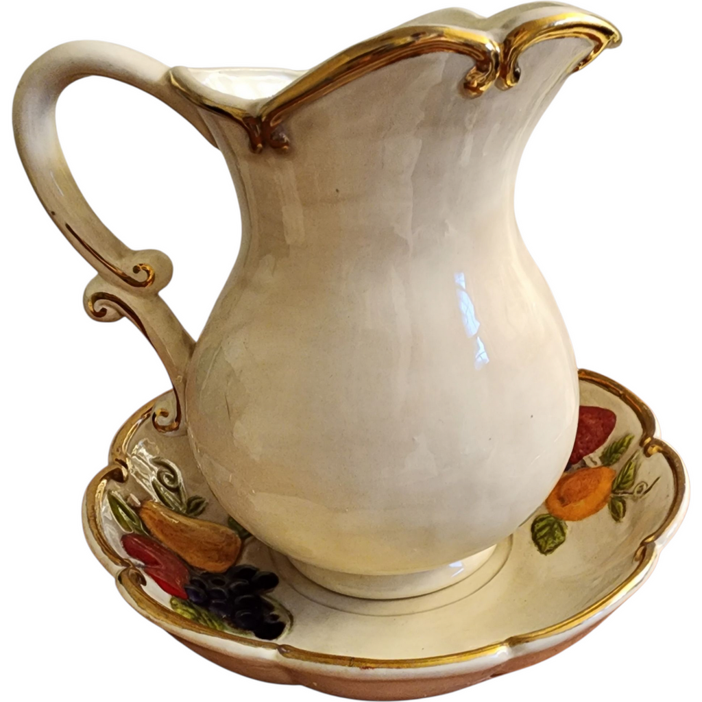 Vintage Majolica Pitcher & Bowl Wash Set Hand Painted Fruit & Gold Trim