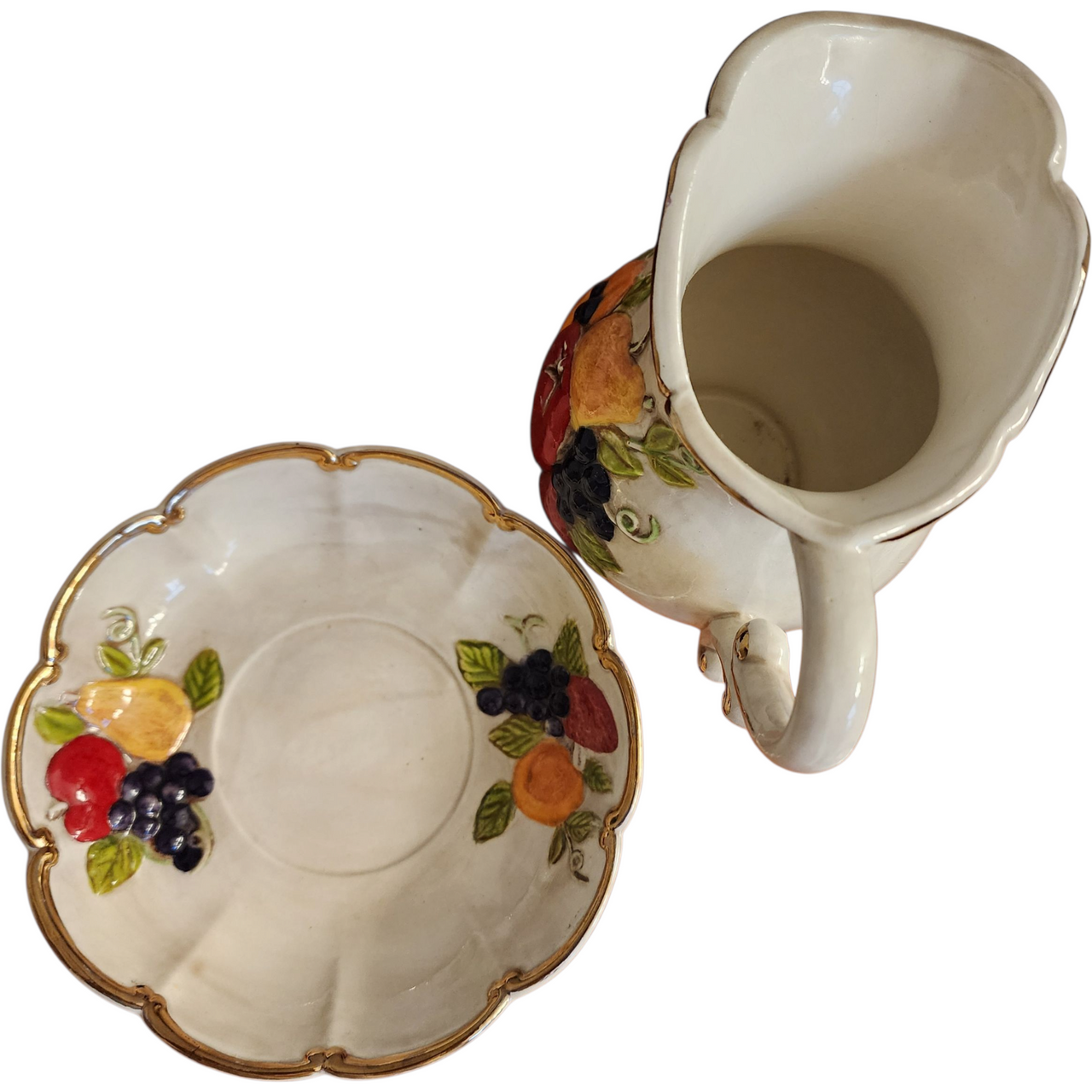 Vintage Majolica Pitcher & Bowl Wash Set Hand Painted Fruit & Gold Trim