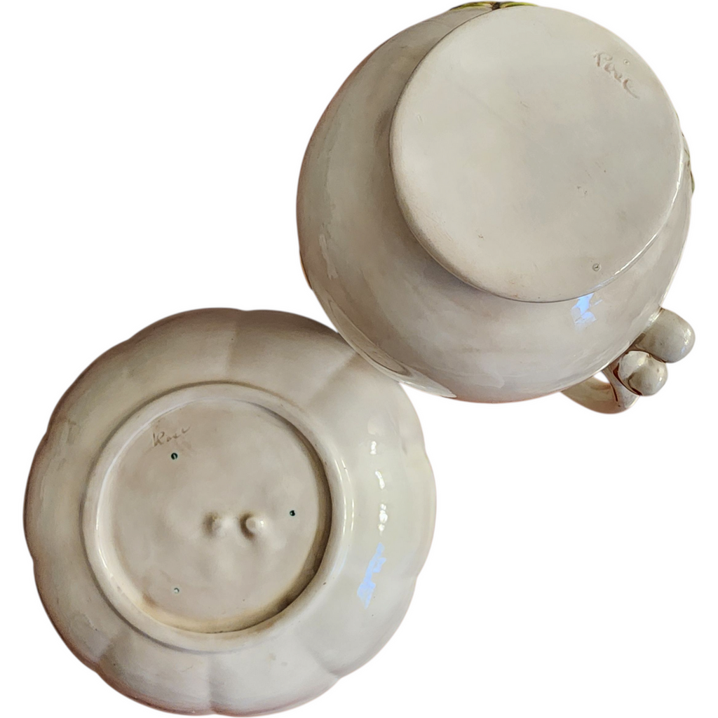 Vintage Majolica Pitcher & Bowl Wash Set Hand Painted Fruit & Gold Trim