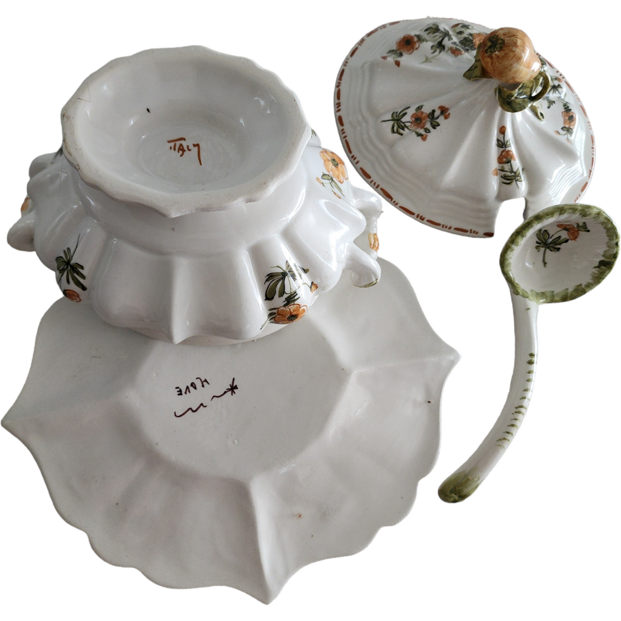 Italian Porcelain Floral Sauce Tureen with Underplate and Ladle Collectible