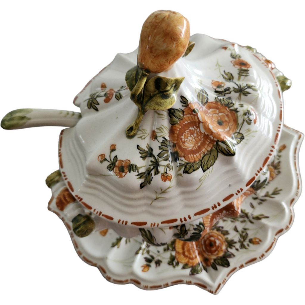 Italian Porcelain Floral Sauce Tureen with Underplate and Ladle Collectible