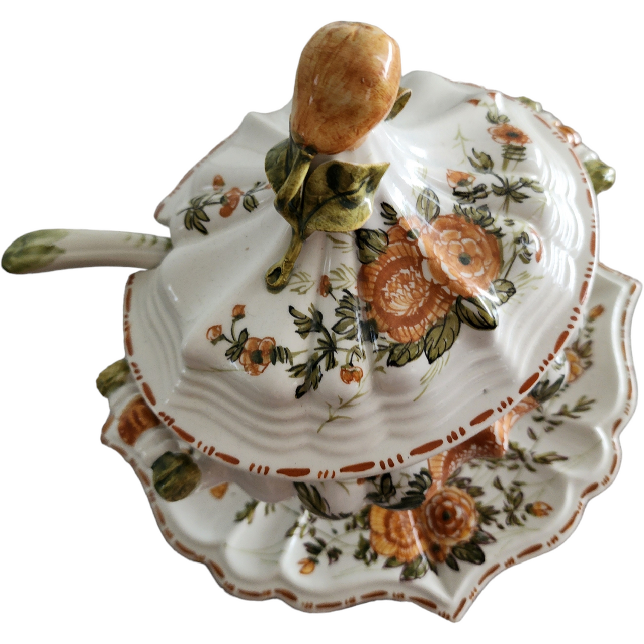 Italian Porcelain Floral Sauce Tureen with Underplate and Ladle Collectible