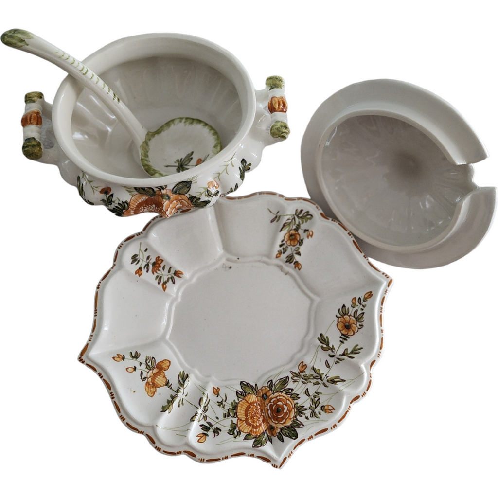 Italian Porcelain Floral Sauce Tureen with Underplate and Ladle Collectible