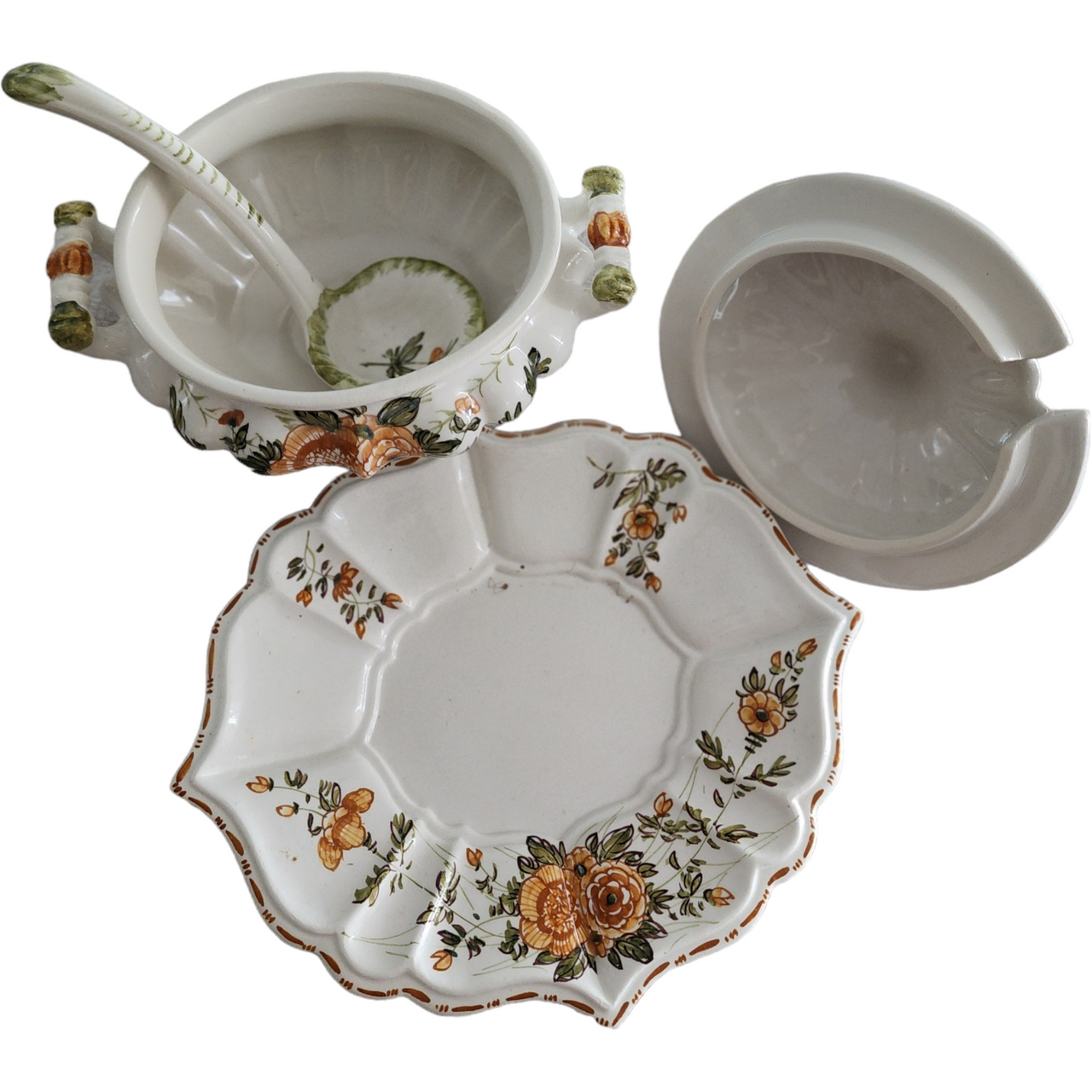 Italian Porcelain Floral Sauce Tureen with Underplate and Ladle Collectible