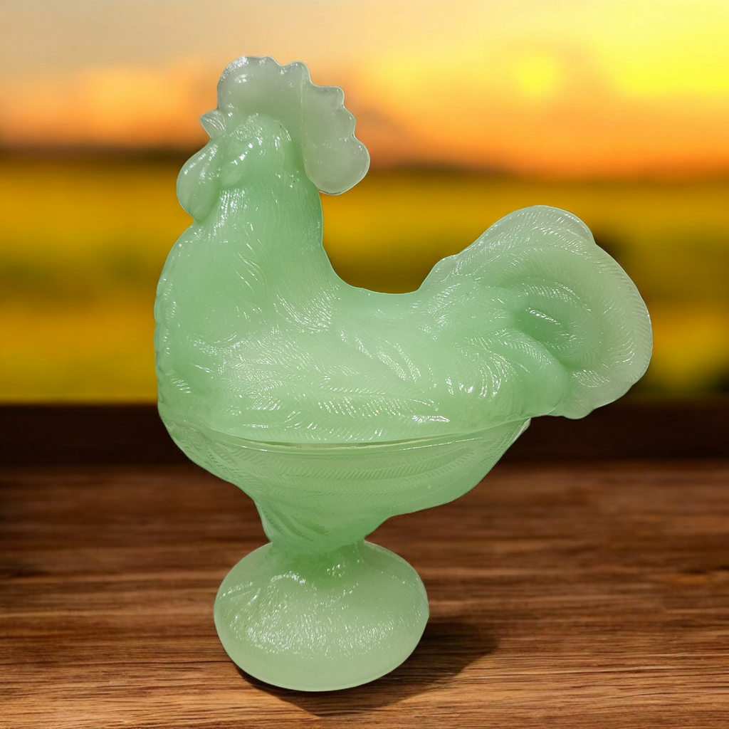 Vintage Jadeite Glass Rooster Covered Dish on Pedestal