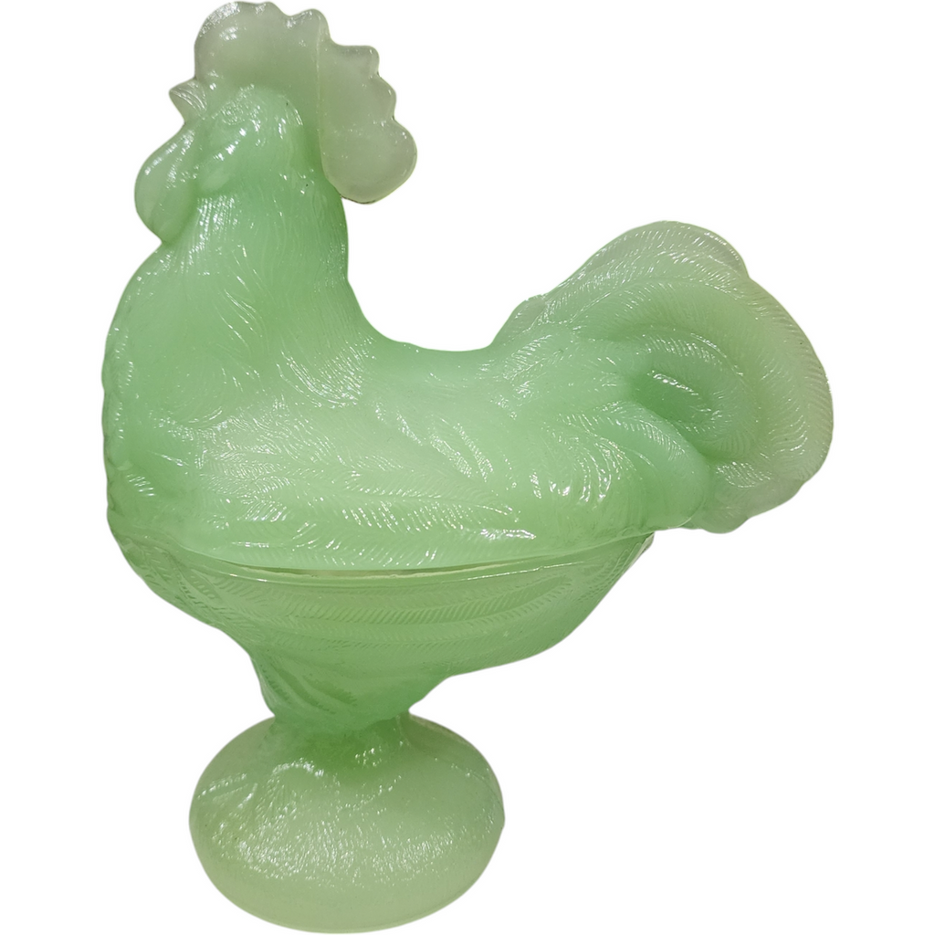 Vintage Jadeite Glass Rooster Covered Dish on Pedestal