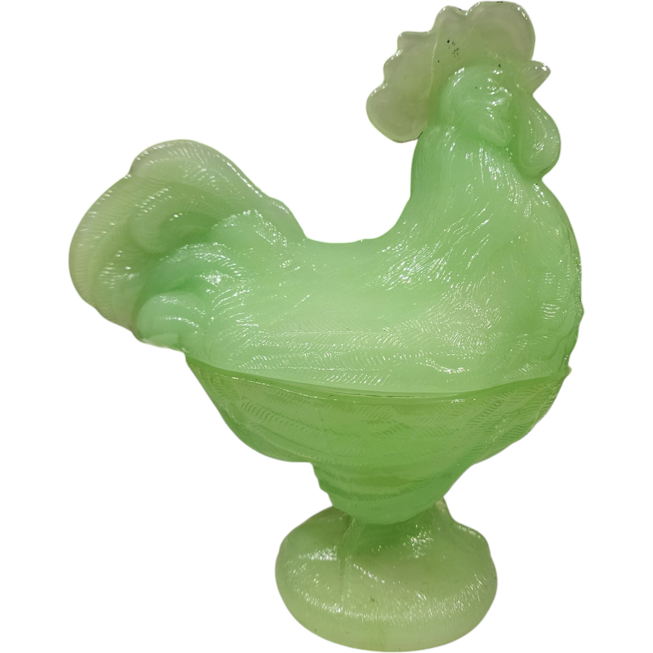 Vintage Jadeite Glass Rooster Covered Dish on Pedestal