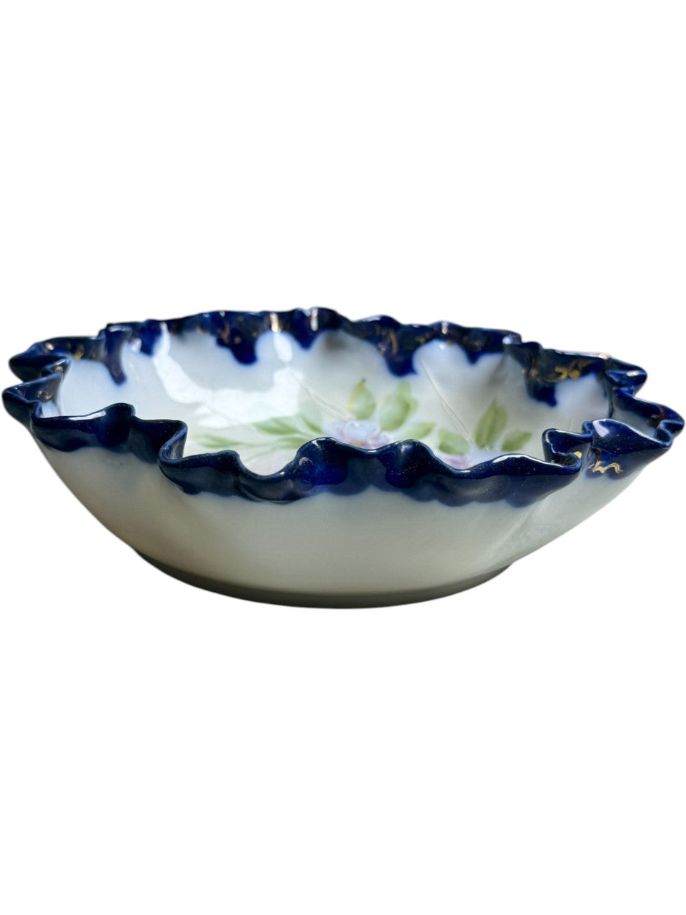 Vintage Japanese Hand Painted Porcelain Bowl Ruffled Edge with Purple Floral Design & Cobalt Blue Rim Antique Japan Decorative Dish