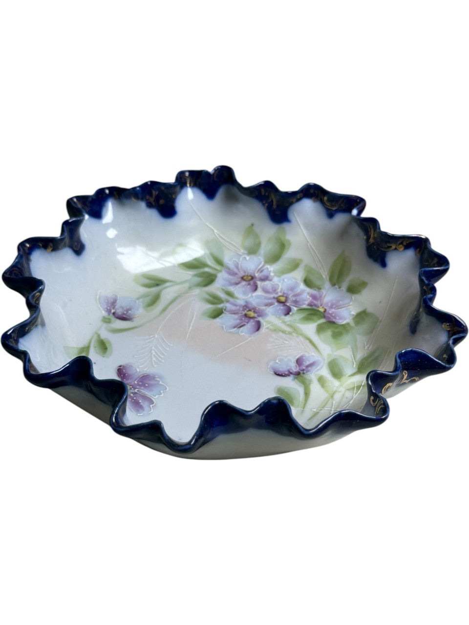 Vintage Japanese Hand Painted Porcelain Bowl Ruffled Edge with Purple Floral Design & Cobalt Blue Rim Antique Japan Decorative Dish