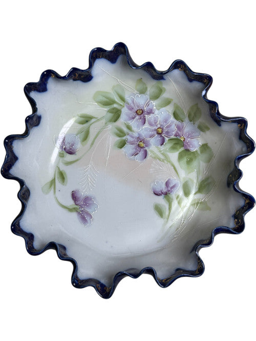 Vintage Japanese Hand Painted Porcelain Bowl Ruffled Edge with Purple Floral Design & Cobalt Blue Rim Antique Japan Decorative Dish