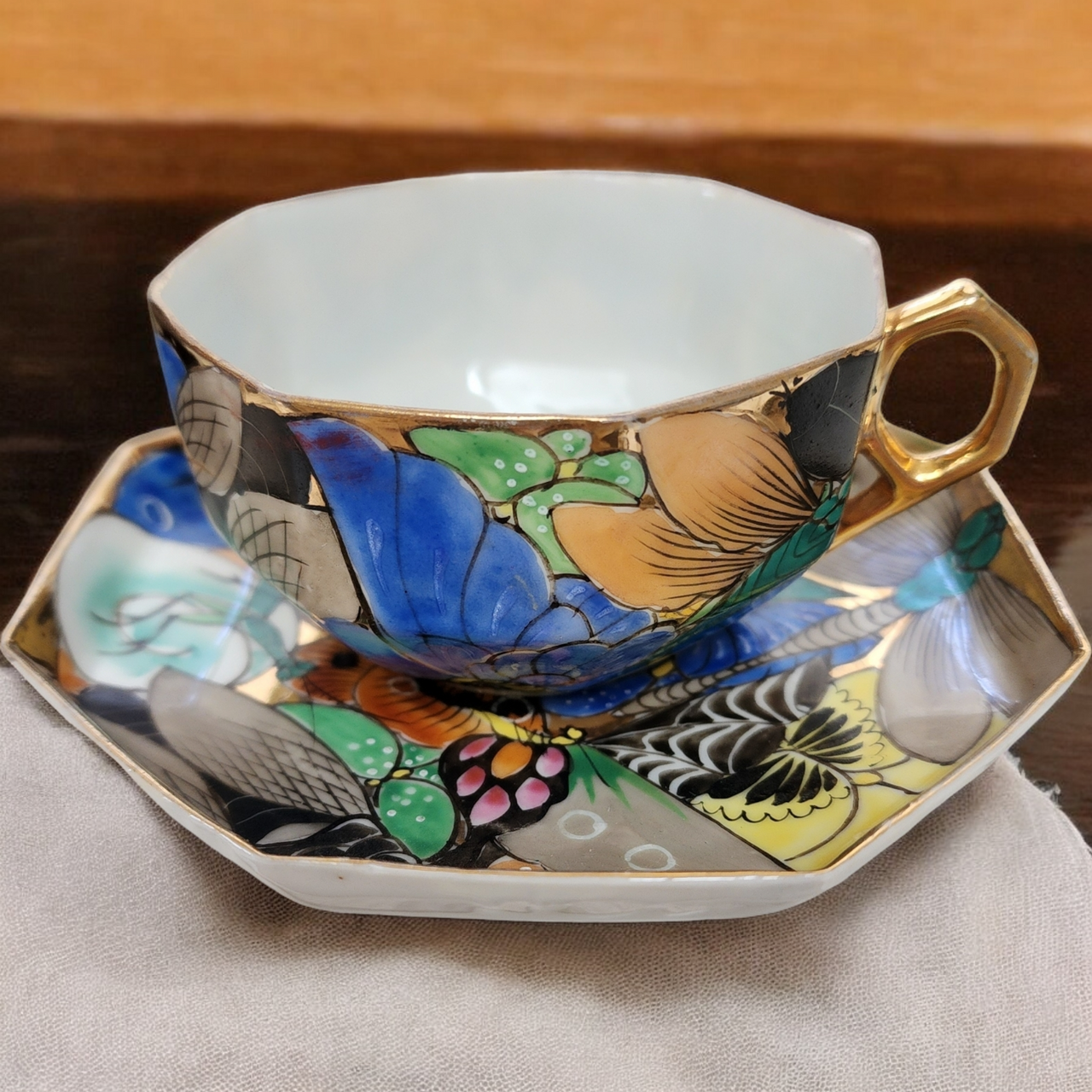 Vintage Japanese Kutani Style Hand-Painted Tea Cup & Saucer Set