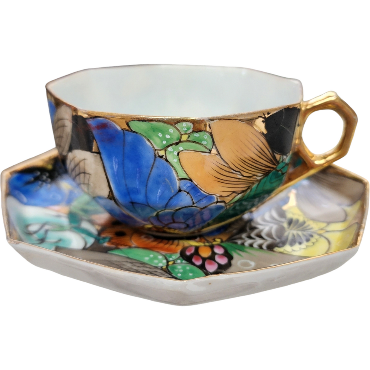 Vintage Japanese Kutani Style Hand-Painted Tea Cup & Saucer Set