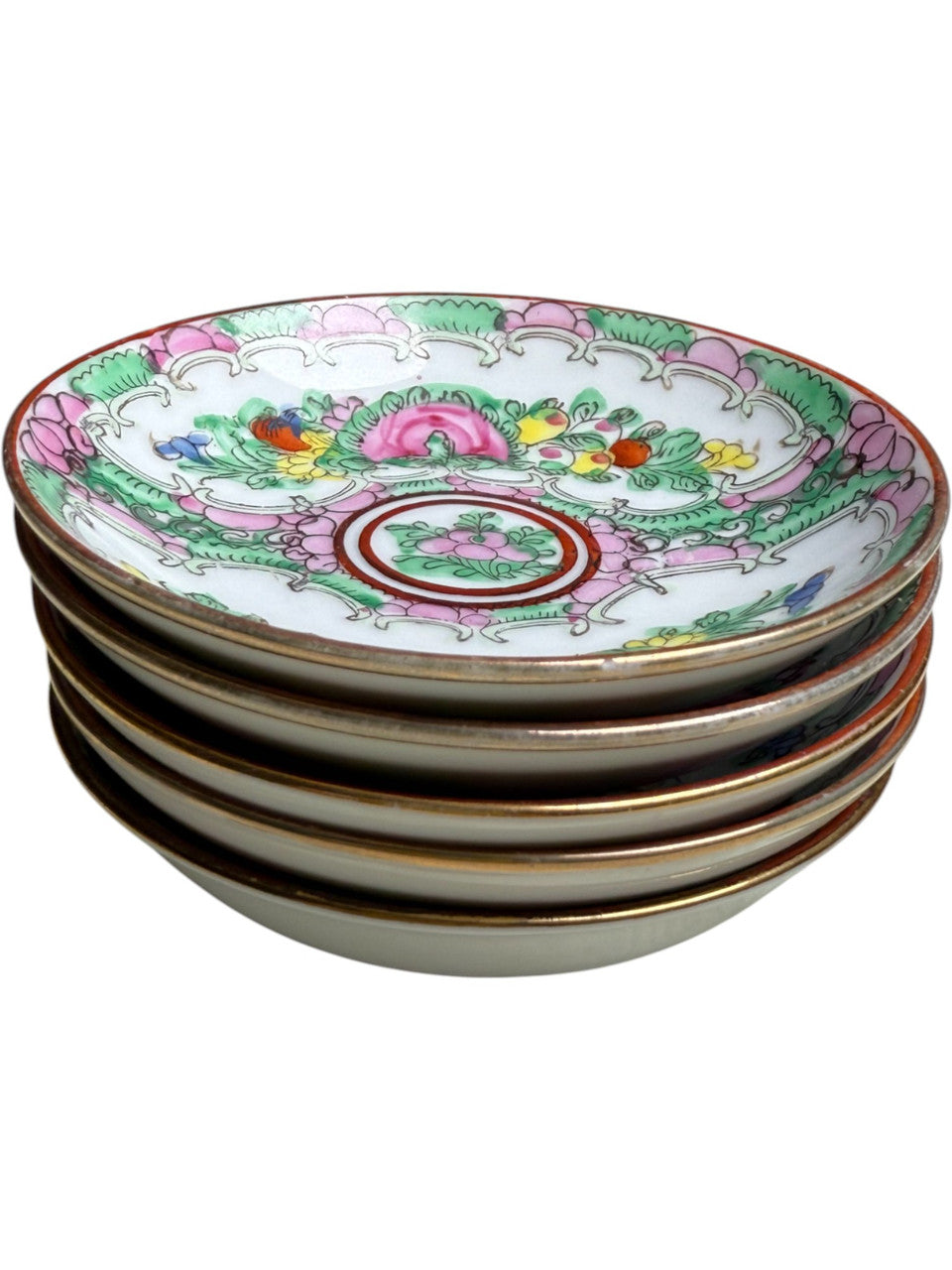 Vintage Japanese Porcelain Hand Decorated in Hong Kong Rose Medallion Style Set of 5 Small Decorative Dishes Mid-Century Asian Export