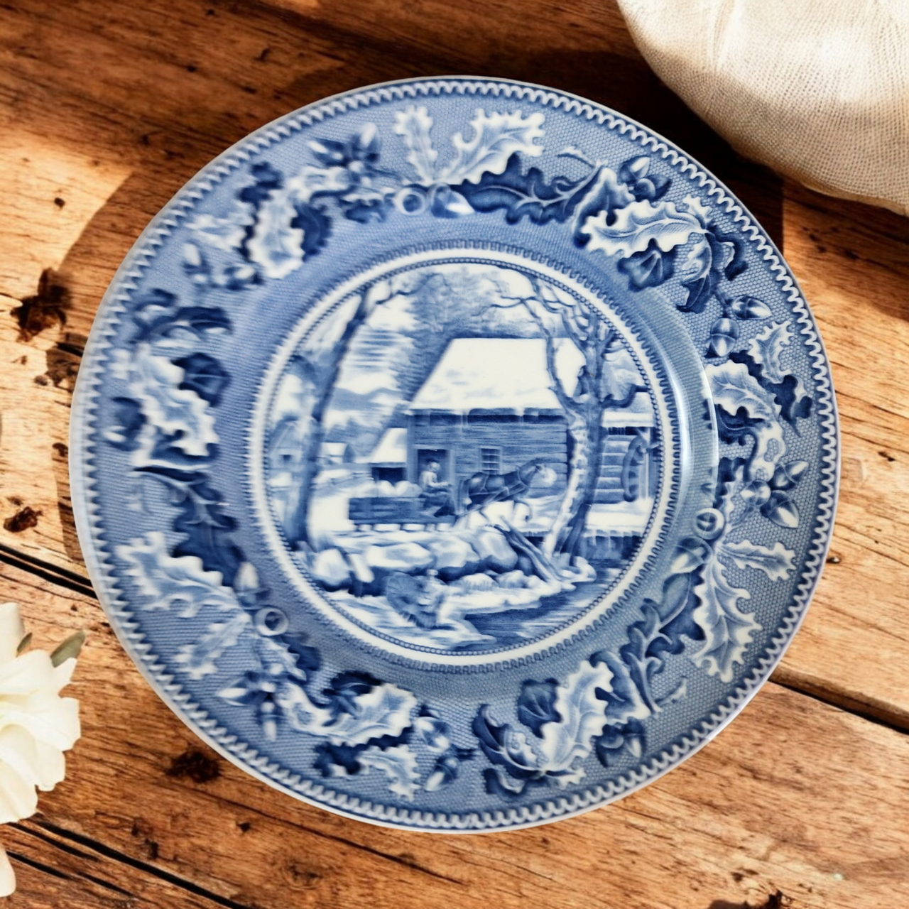 Vintage Johnson Brothers Historic America Service Plate (Charger) "Thanksgiving Frozen Up" Blue Transferware England