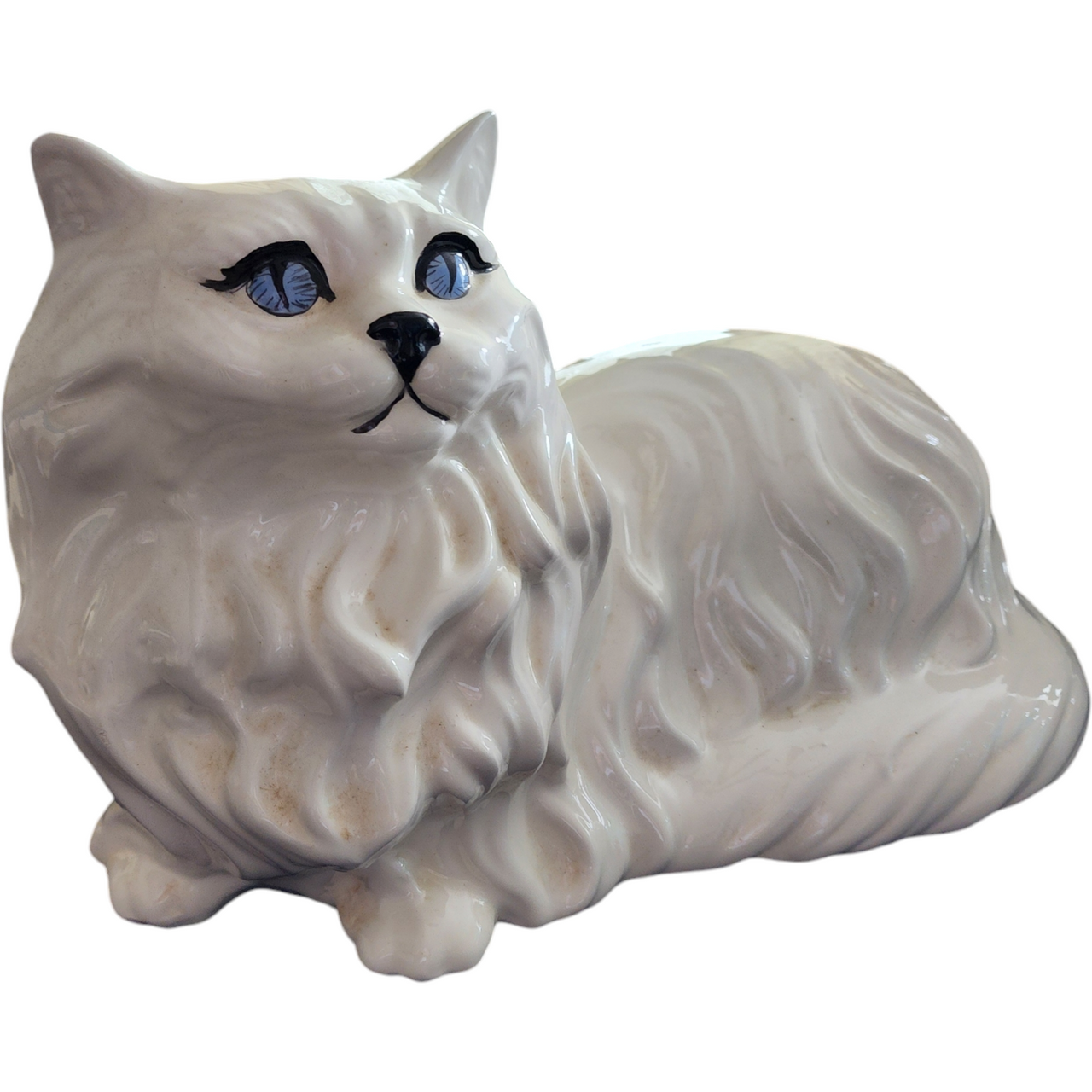 Vintage Large White Ceramic Persian Cat Figurine 17″ Long Mid-Century Feline Statue Blue Eyes Shabby Chic Home Decor