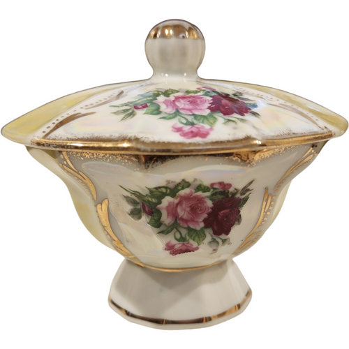 Vintage Lusterware Candy Dish with Lid Hand-Painted Roses & 22K Gold Trim Footed Trinket Box