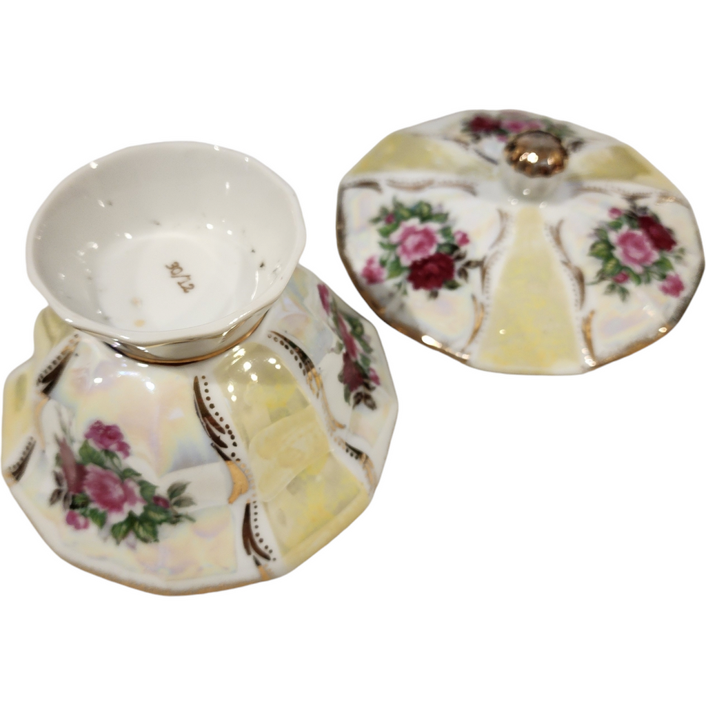 Vintage Lusterware Candy Dish with Lid Hand-Painted Roses & 22K Gold Trim Footed Trinket Box
