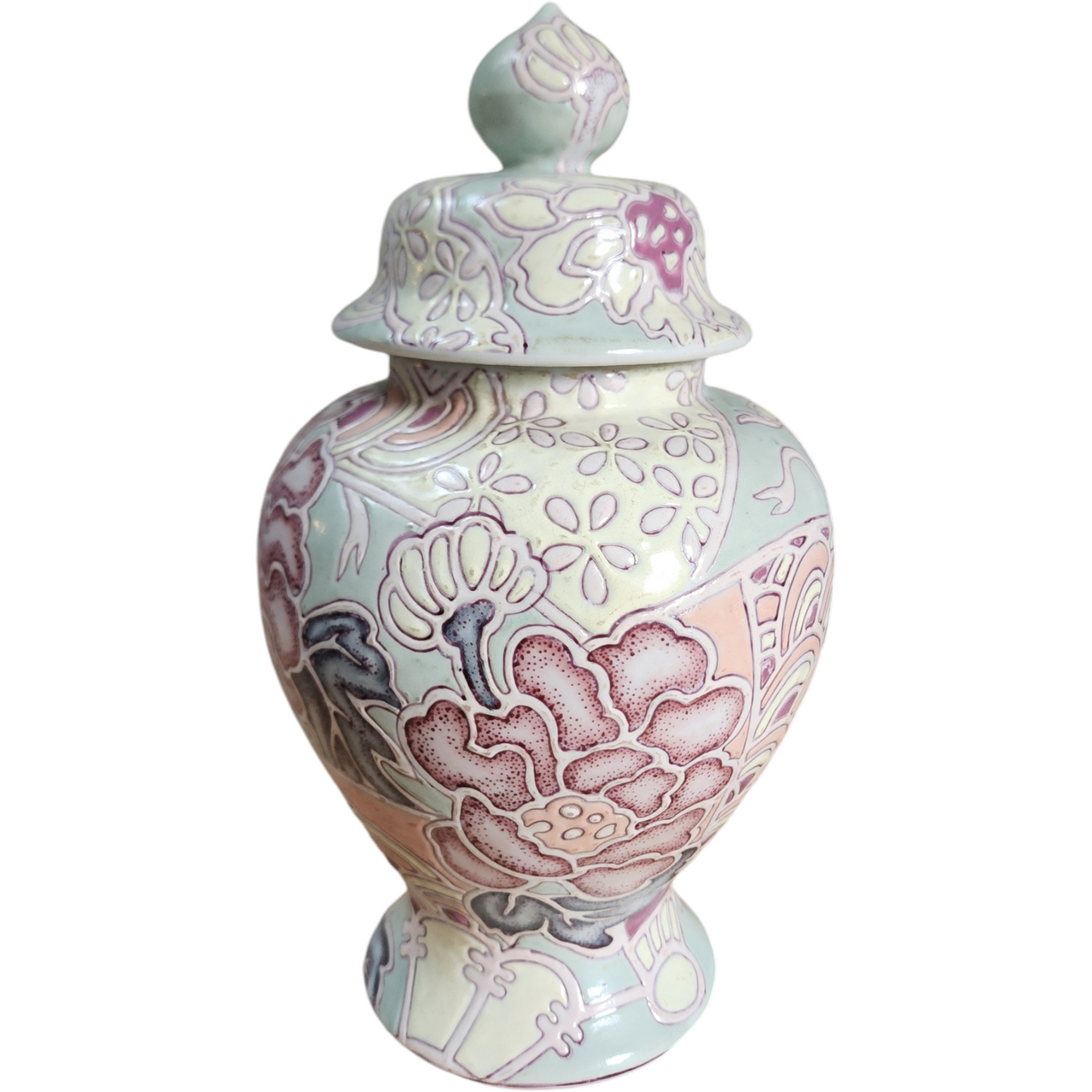 Vintage Macau Pedestal Ginger Jar – Hand-Painted Floral Lidded Urn Vase Pastel Raised Enamel China c.1960s–70s