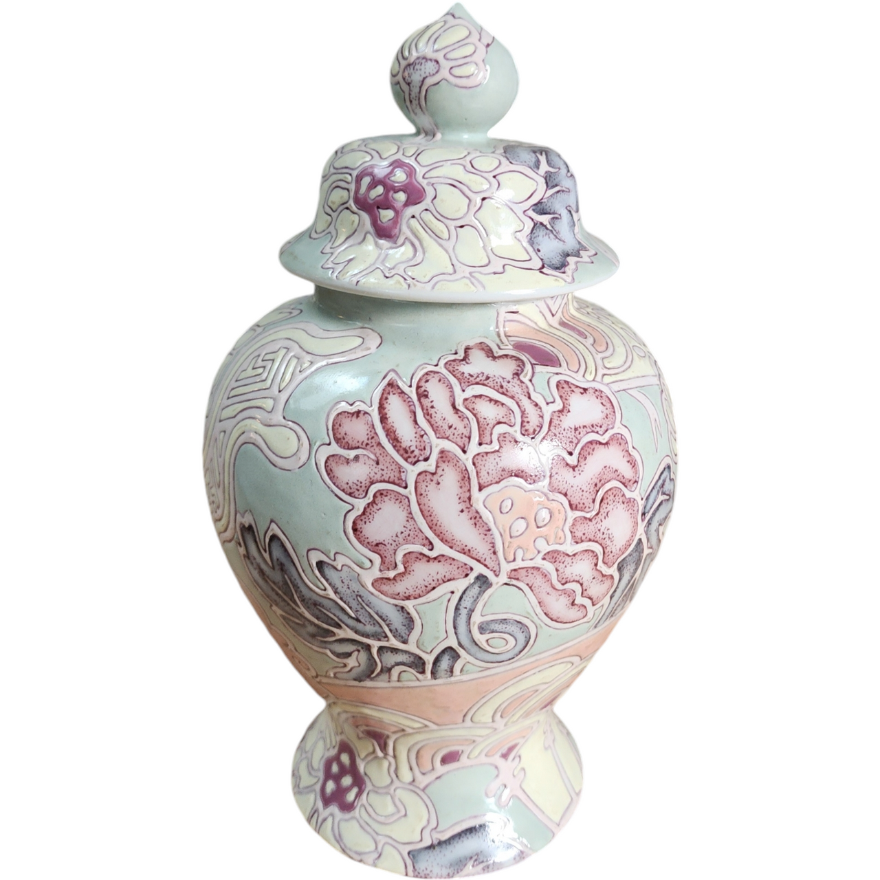 Vintage Macau Pedestal Ginger Jar – Hand-Painted Floral Lidded Urn Vase Pastel Raised Enamel China c.1960s–70s