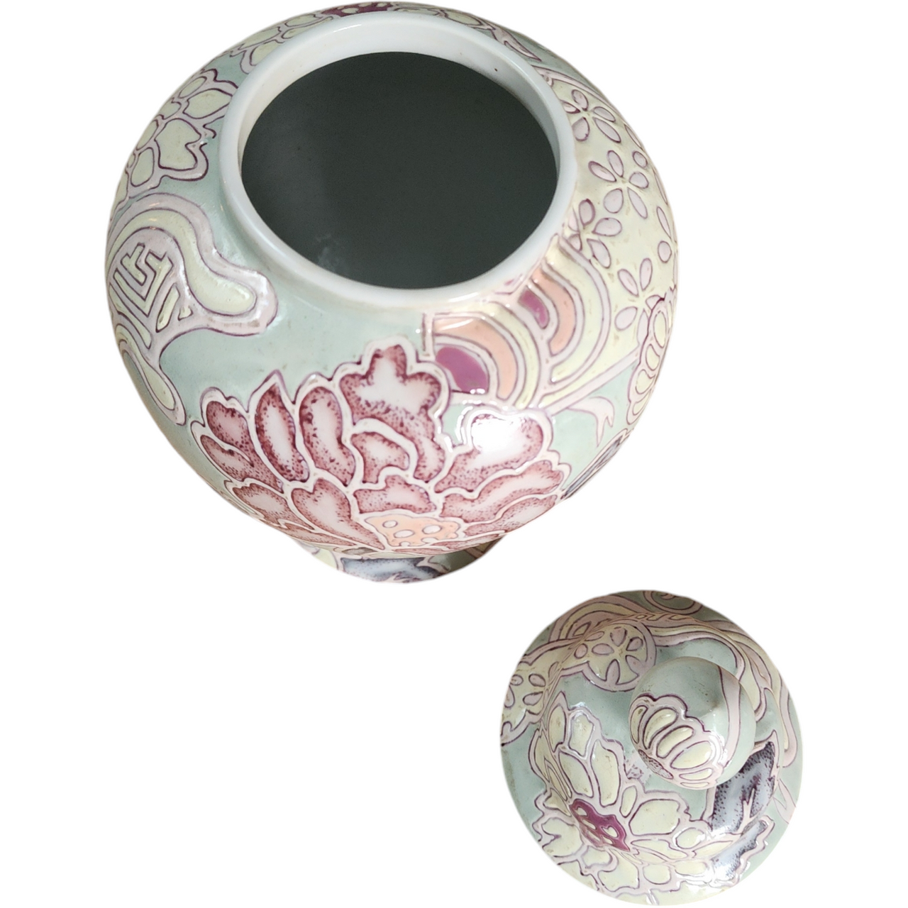 Vintage Macau Pedestal Ginger Jar – Hand-Painted Floral Lidded Urn Vase Pastel Raised Enamel China c.1960s–70s