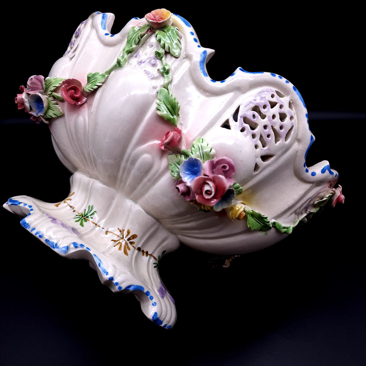 Vintage Majolica Floral Bowl Centerpiece Italy