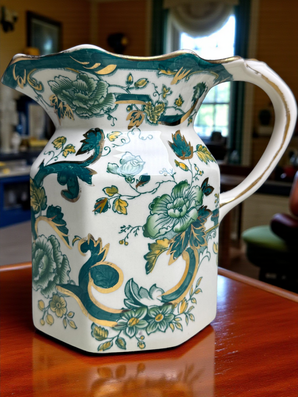 Vintage Mason’s Ironstone 40 Oz Fenton Jug Chartreuse Pattern, Hand Painted Green Floral & Gold England