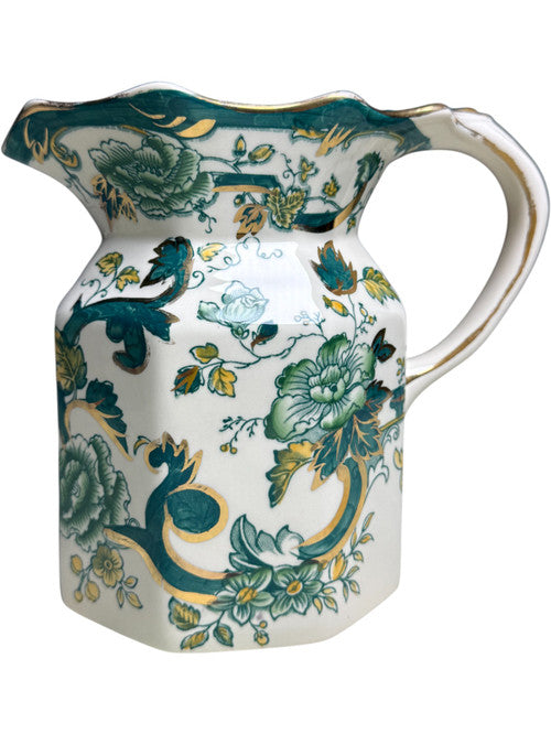 Vintage Mason’s Ironstone 40 Oz Fenton Jug Chartreuse Pattern, Hand Painted Green Floral & Gold England