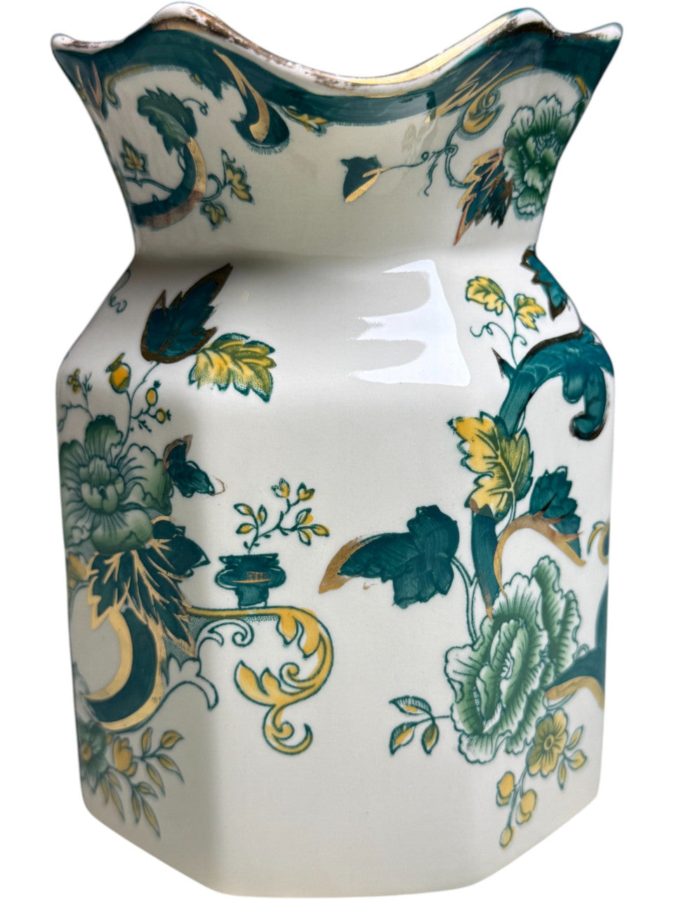 Vintage Mason’s Ironstone 40 Oz Fenton Jug Chartreuse Pattern, Hand Painted Green Floral & Gold England