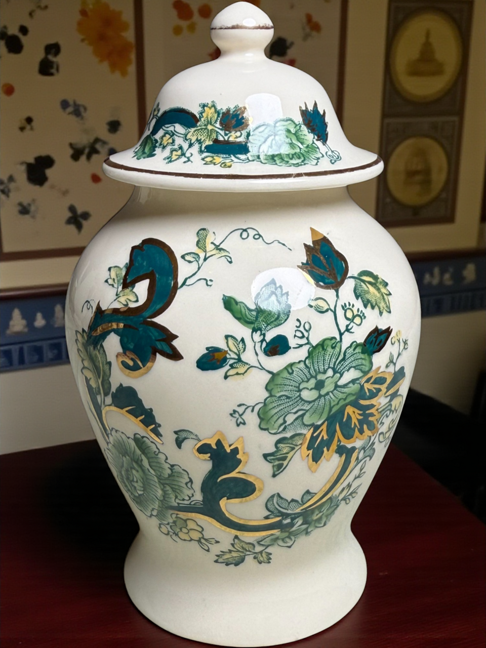 Vintage Mason’s Ironstone Ginger Jar with Lid Chartreuse Pattern, Hand Painted Green Floral & Gold England