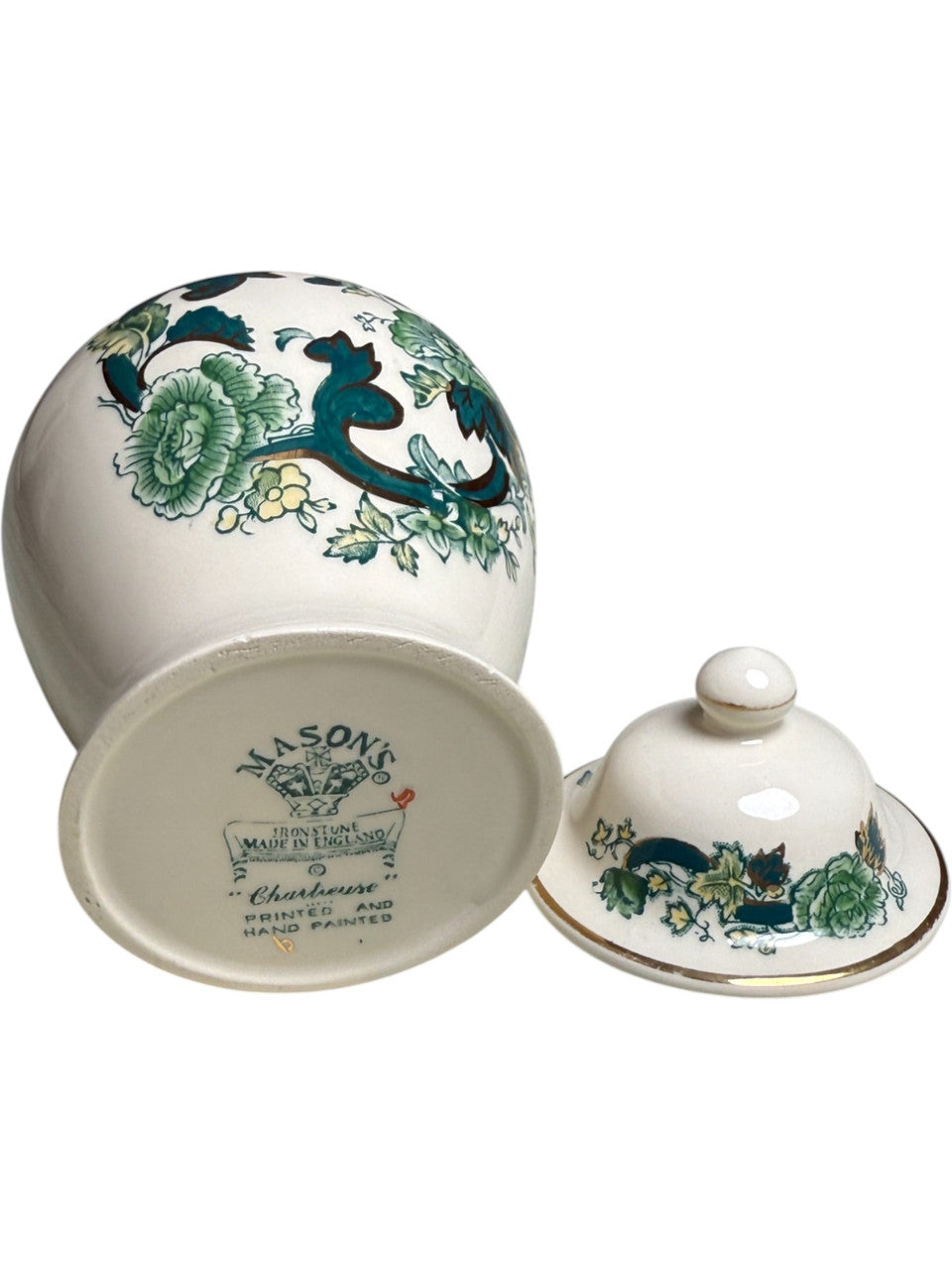 Vintage Mason’s Ironstone Ginger Jar with Lid Chartreuse Pattern, Hand Painted Green Floral & Gold England