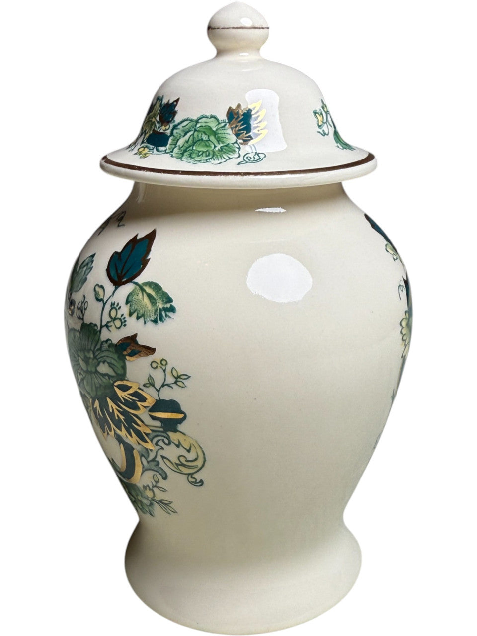 Vintage Mason’s Ironstone Ginger Jar with Lid Chartreuse Pattern, Hand Painted Green Floral & Gold England