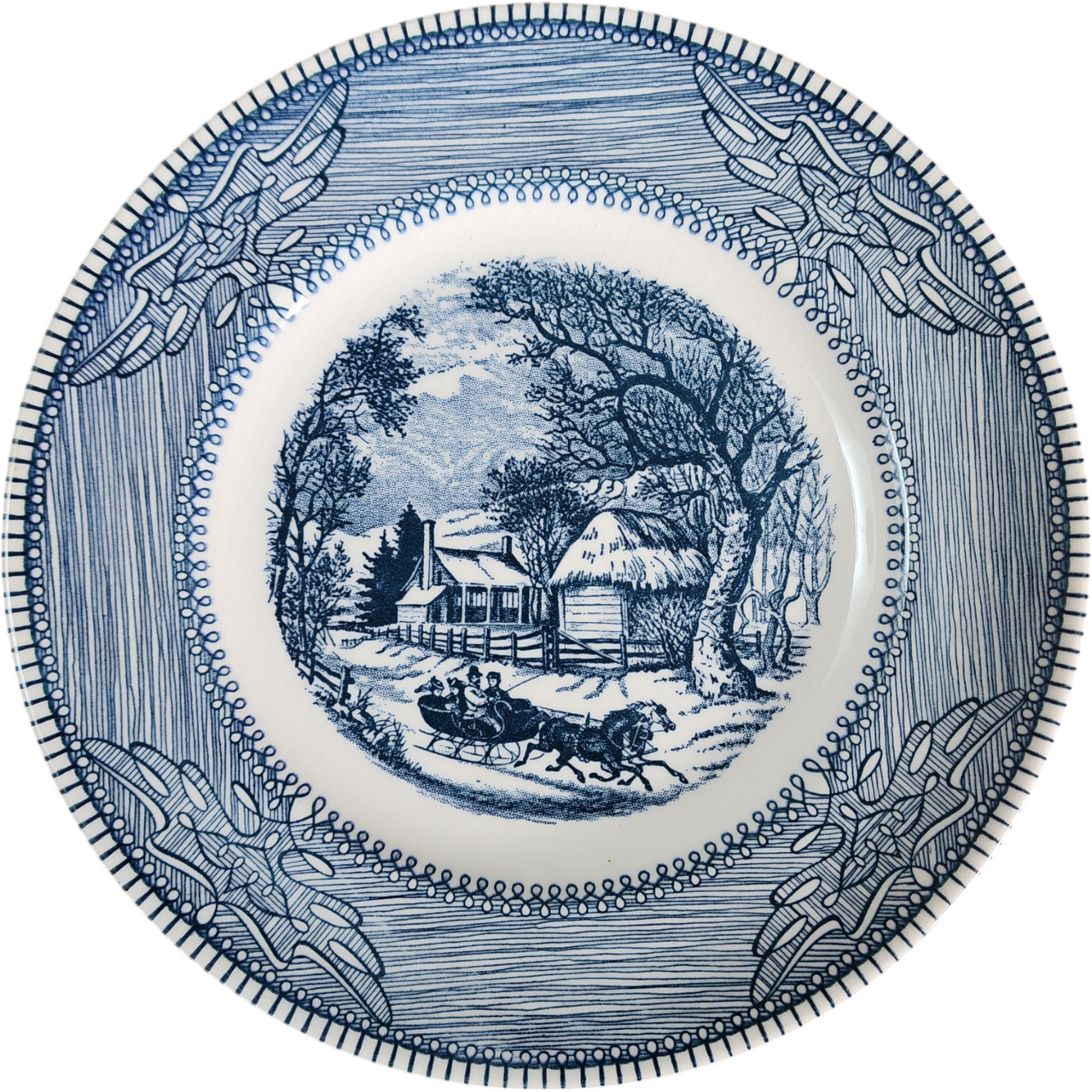 Vintage Monarch Blue Transferware Dinner Plate Horse Drawn Sleigh Winter Scene – Dishwasher Safe Oven Proof