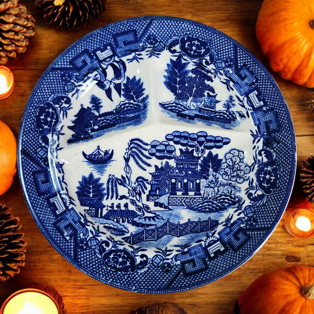 Vintage Motiyama Blue Willow Divided Plate Japan Transferware 3-Section Dinner Plate