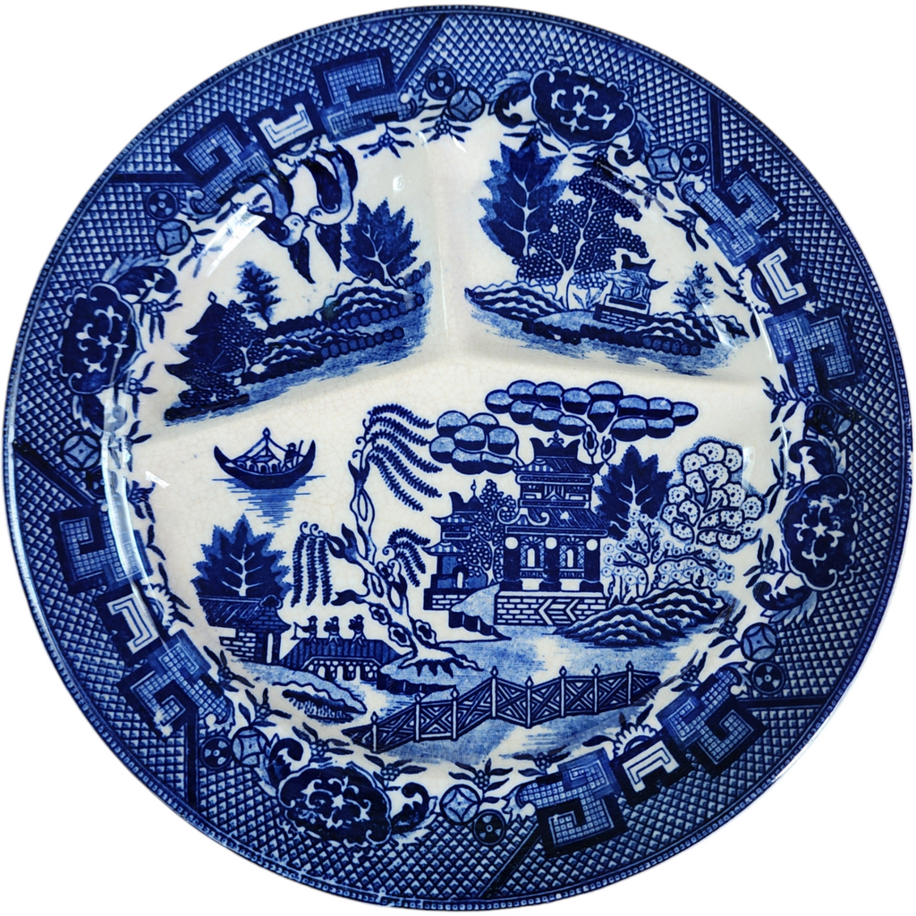 Vintage Motiyama Blue Willow Divided Plate Japan Transferware 3-Section Dinner Plate