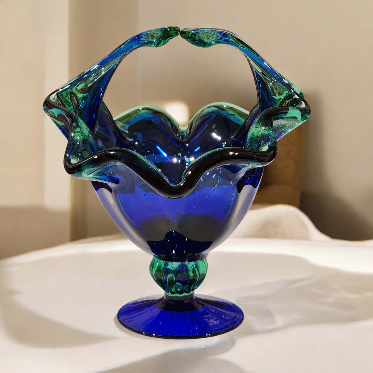 White Cristal Murano Glass Blue & Green Art Glass Pedestal Basket Vase Hand Blown Italian Crystal