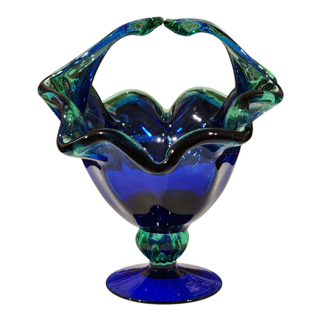 White Cristal Murano Glass Blue & Green Art Glass Pedestal Basket Vase Hand Blown Italian Crystal