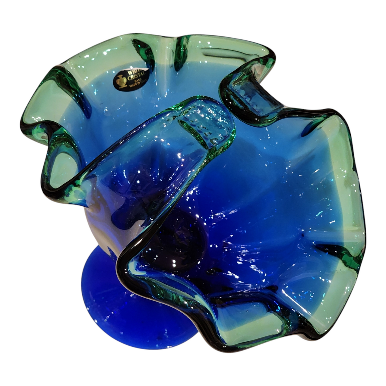 White Cristal Murano Glass Blue & Green Art Glass Pedestal Basket Vase Hand Blown Italian Crystal