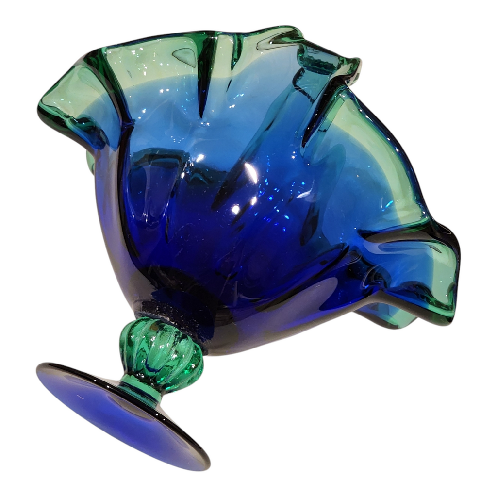 White Cristal Murano Glass Blue & Green Art Glass Pedestal Basket Vase Hand Blown Italian Crystal