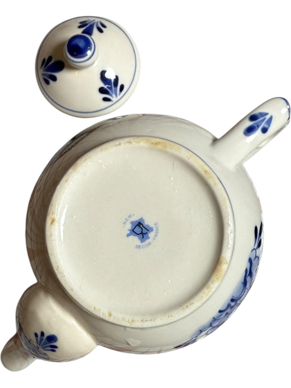 Vintage NEMAD Decor France Blue & White Souvenir Teapot Cherbourg Normandy Landmarks Ceramic