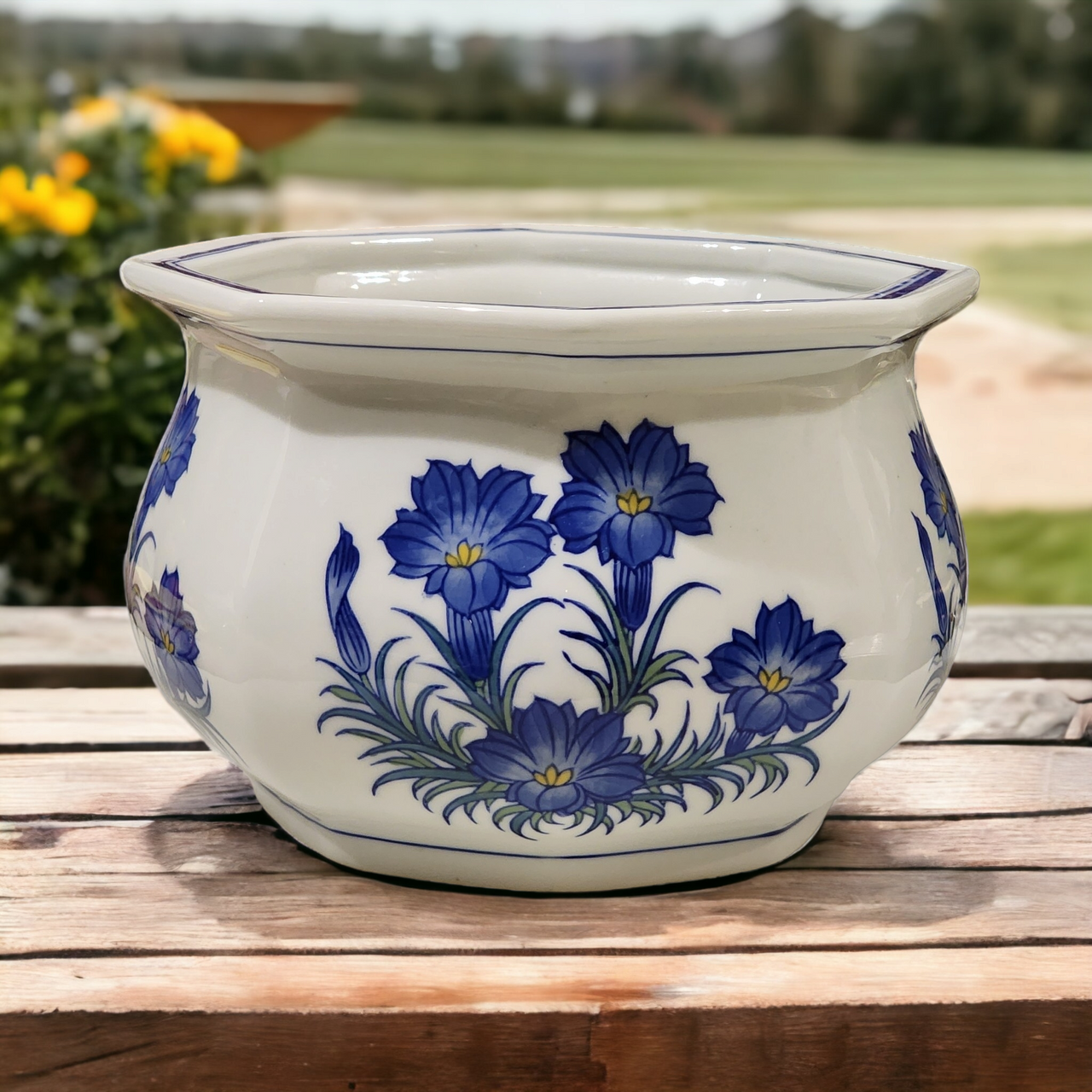 Vintage Octagon Blue White Cache Large Floral Planter