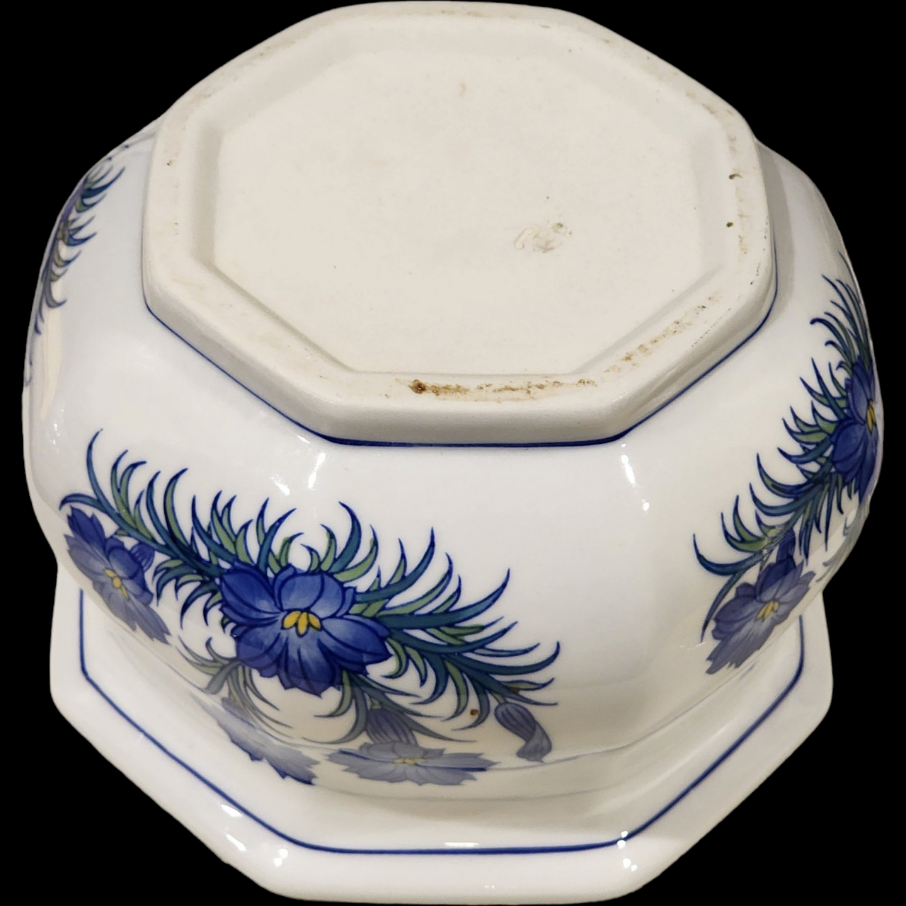 Vintage Octagon Blue White Cache Large Floral Planter